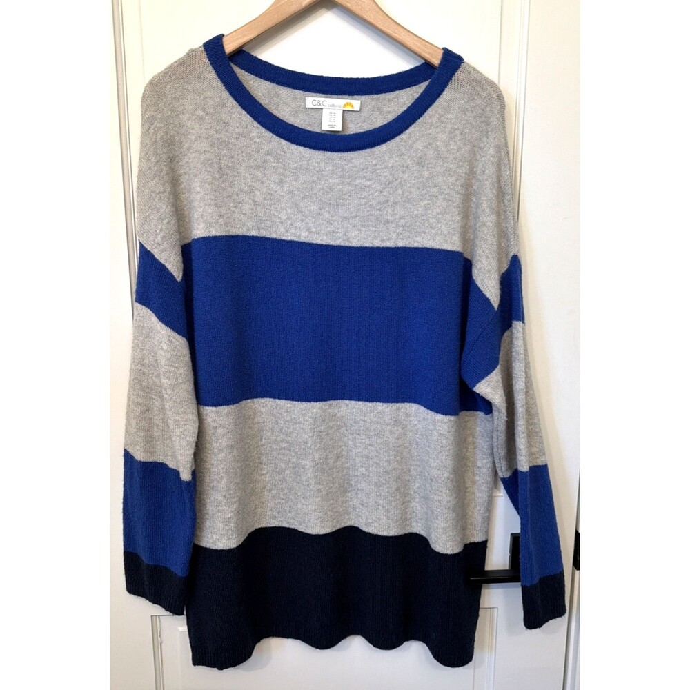 C&C California Women Blue Gray Colorblock Striped Sweater 1X Wool Blend Nautical